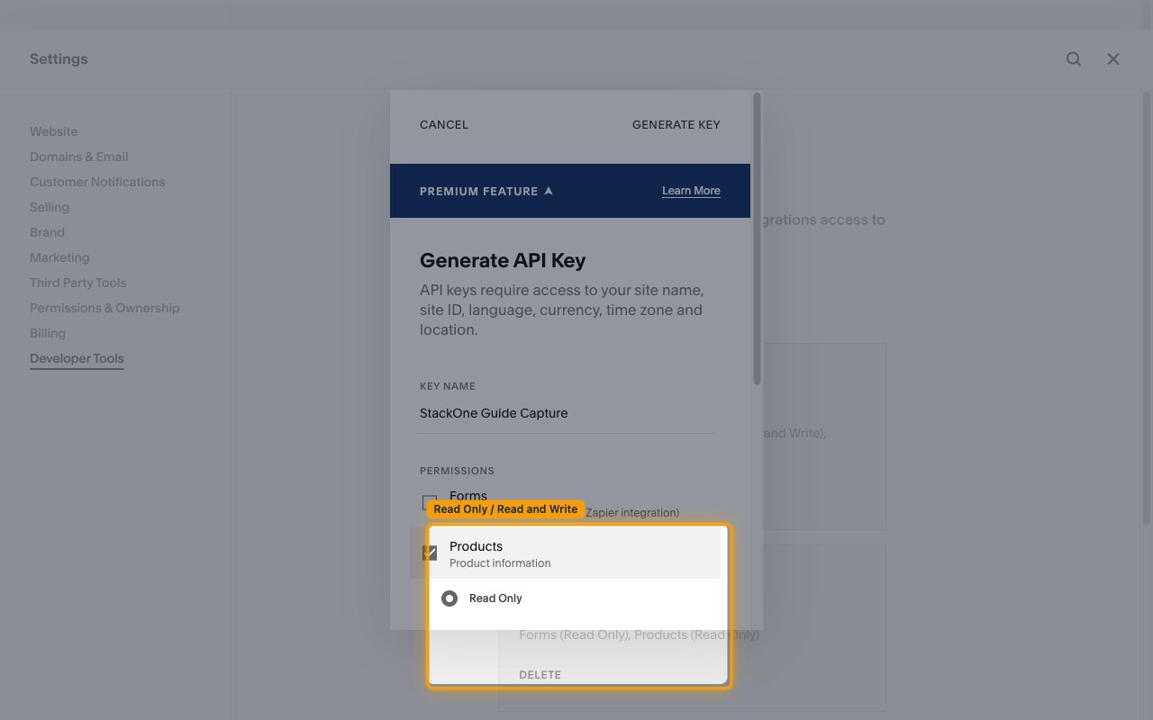 Products permission expanded to show the Read Only and Read and Write access-level options