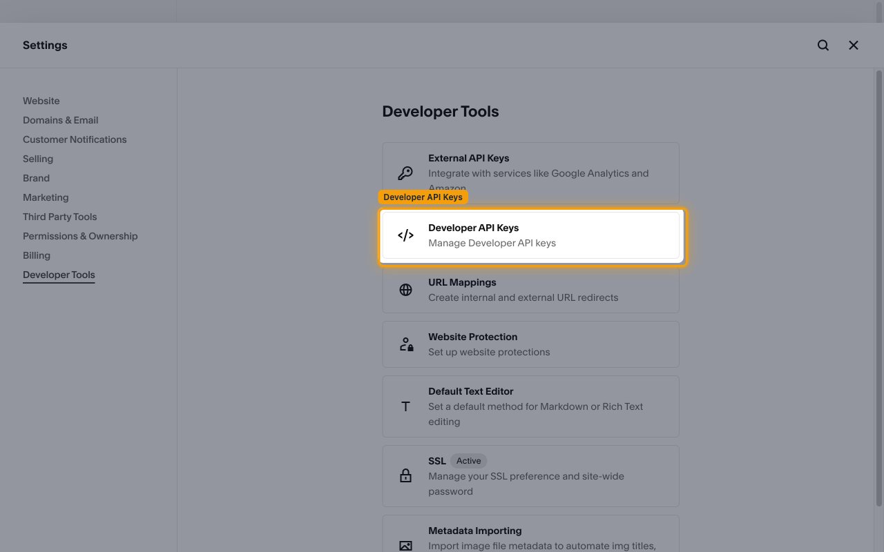 Developer Tools settings with the Developer API Keys option highlighted