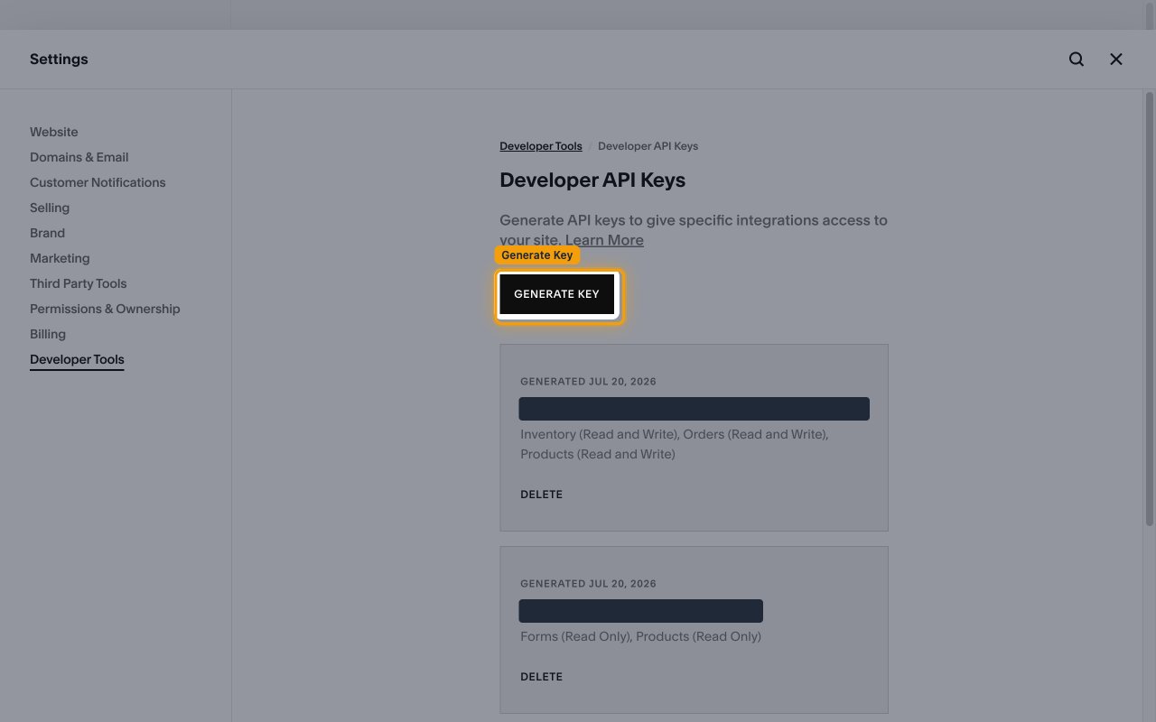 Developer API Keys page with the Generate Key button highlighted
