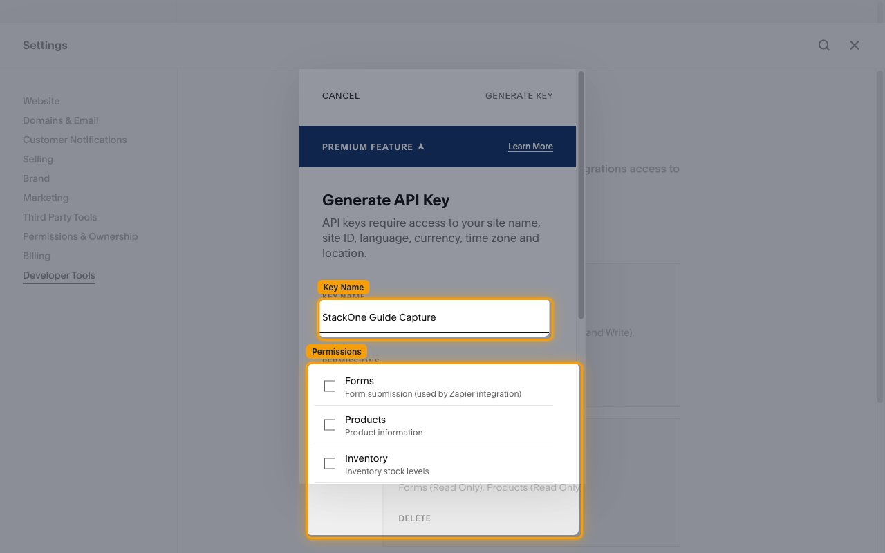 Generate API Key dialog showing the Key Name field and the Permissions checklist