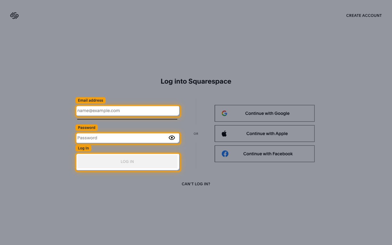 Squarespace login screen with email address and password fields