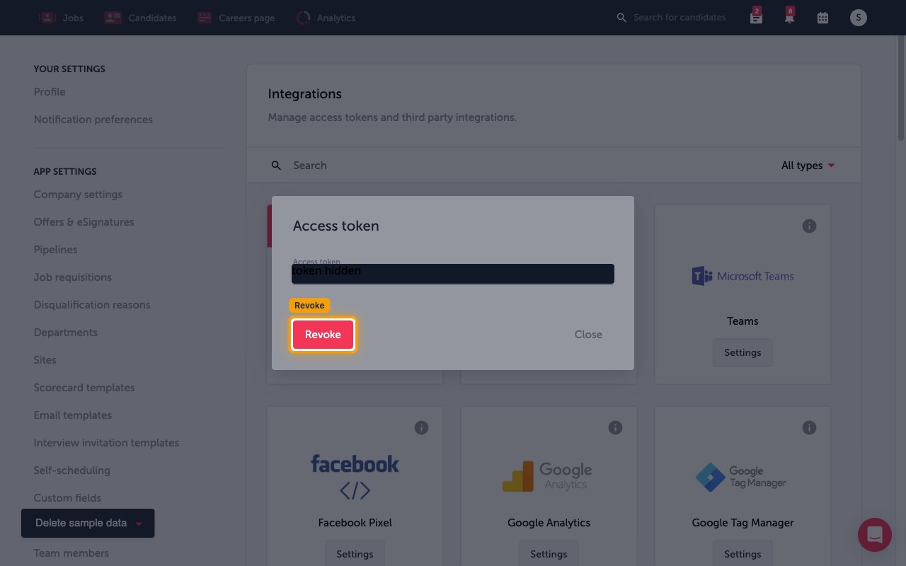 Access token dialog with the token field and the Revoke and Close buttons