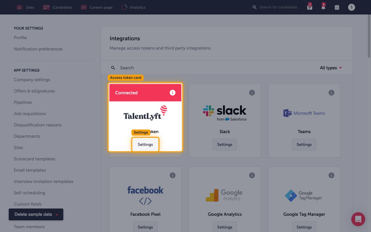 Integrations page showing the Access token card and its Settings button
