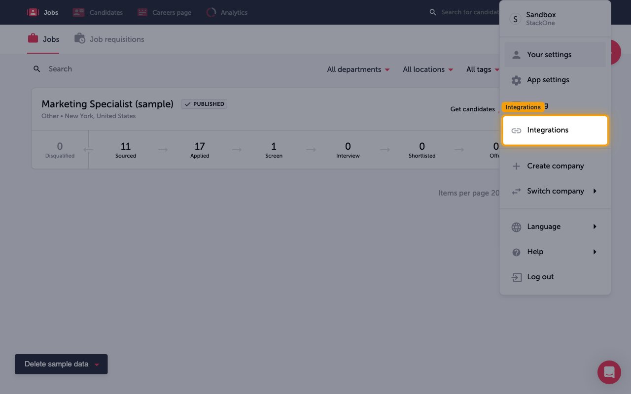 TalentLyft profile menu with the Integrations option