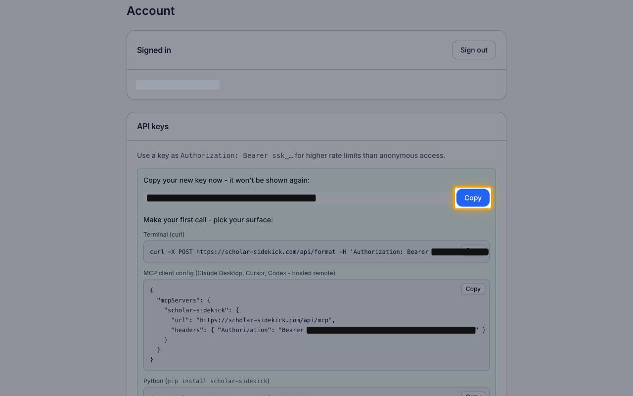 The new API key panel on the Scholar Sidekick Account page with the key value hidden and the Copy button highlighted