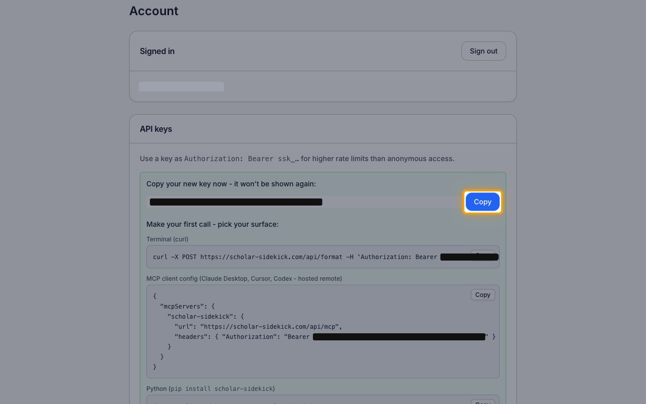 The new API key panel on the Scholar Sidekick Account page with the key value hidden and the Copy button highlighted