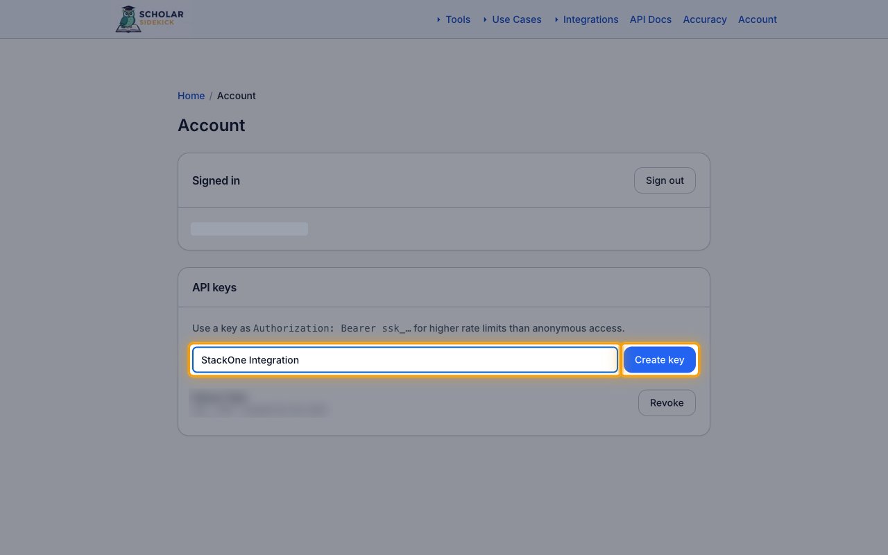The API keys section of the Scholar Sidekick Account page with the key label field and Create key button highlighted