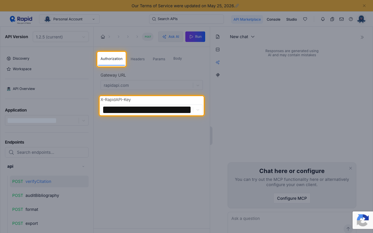 The Scholar Sidekick playground on RapidAPI with the Authorization tab and X-RapidAPI-Key field highlighted
