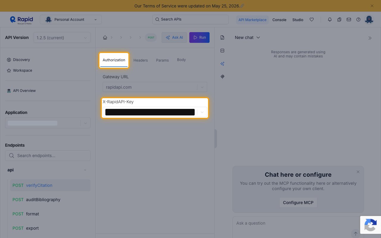 The Scholar Sidekick playground on RapidAPI with the Authorization tab and X-RapidAPI-Key field highlighted