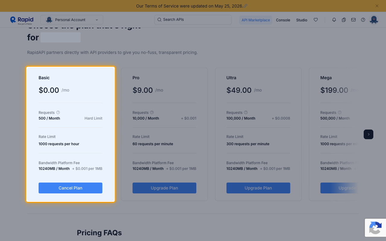 The Scholar Sidekick pricing page on RapidAPI with the Basic plan highlighted