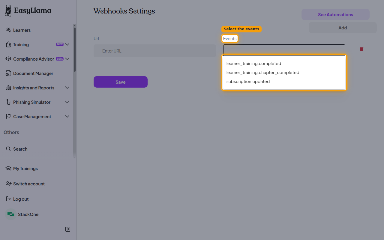 The Events picker on the Webhooks Settings screen showing the available events.