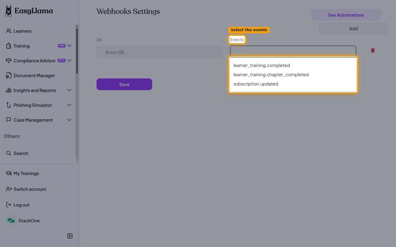 The Events picker on the Webhooks Settings screen showing the available events.