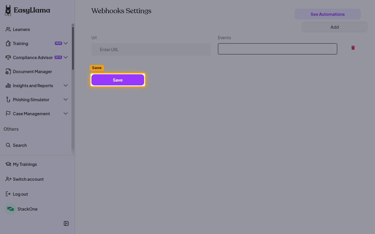 The Webhooks Settings screen with the Save button.