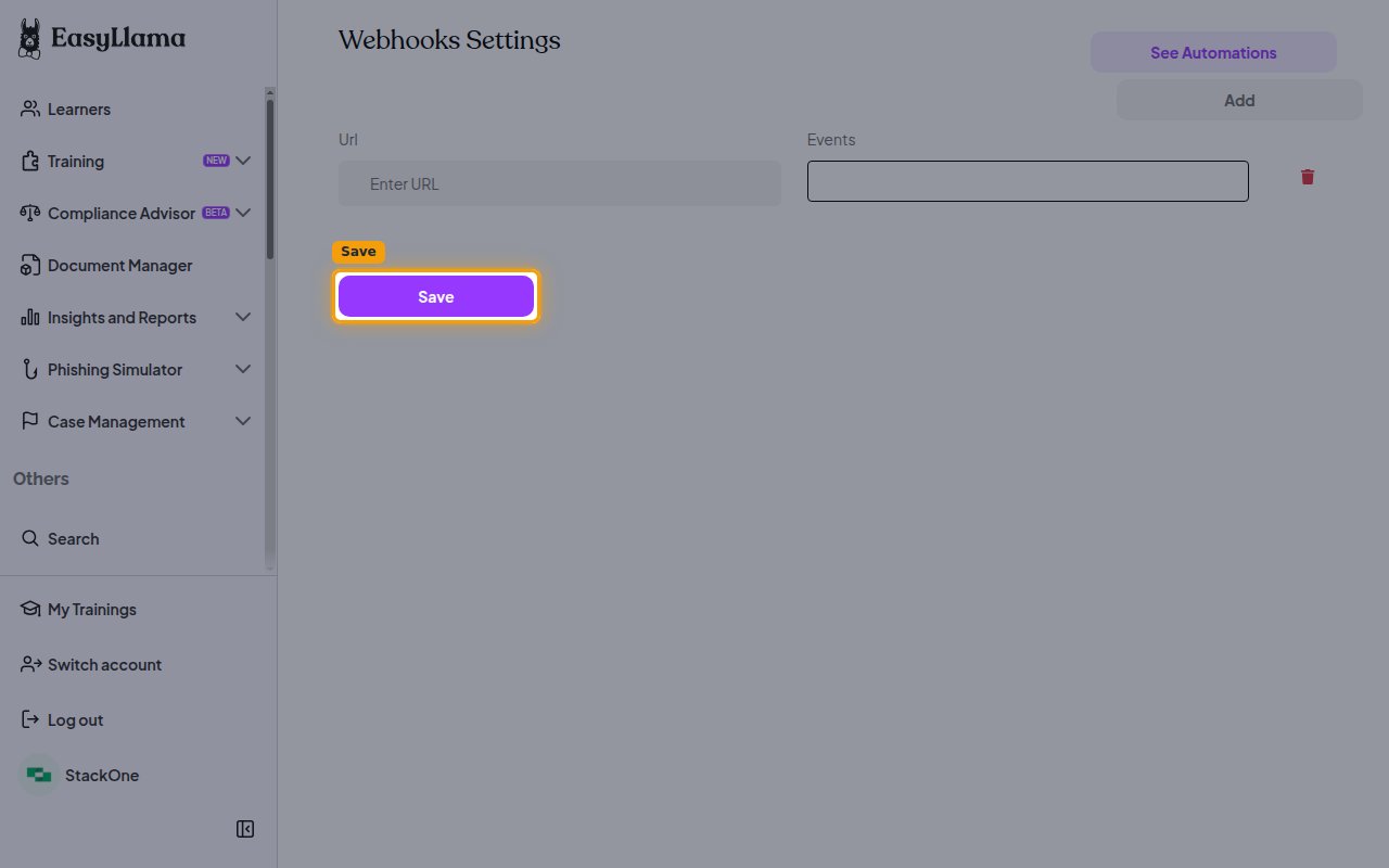 The Webhooks Settings screen with the Save button.