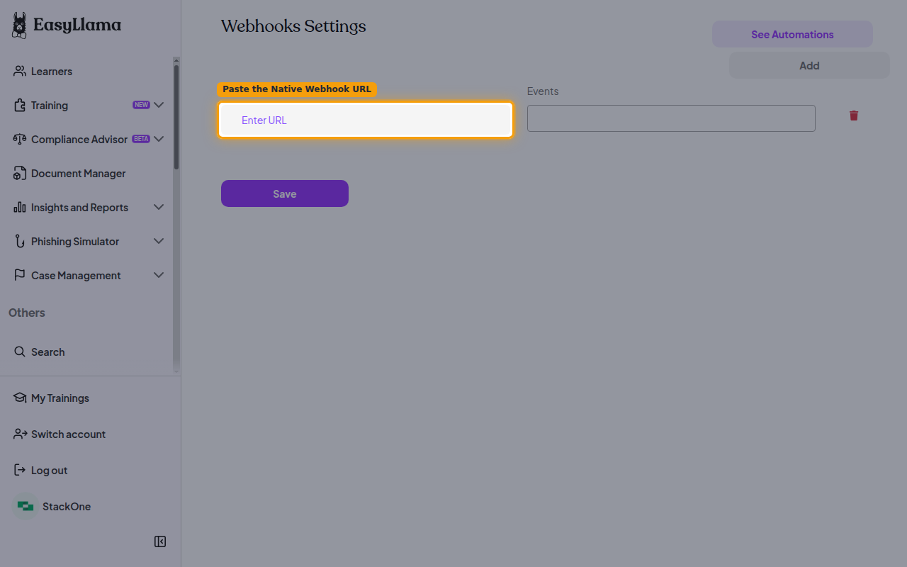 The Webhooks Settings screen with the Url field where the Native Webhook URL is pasted.