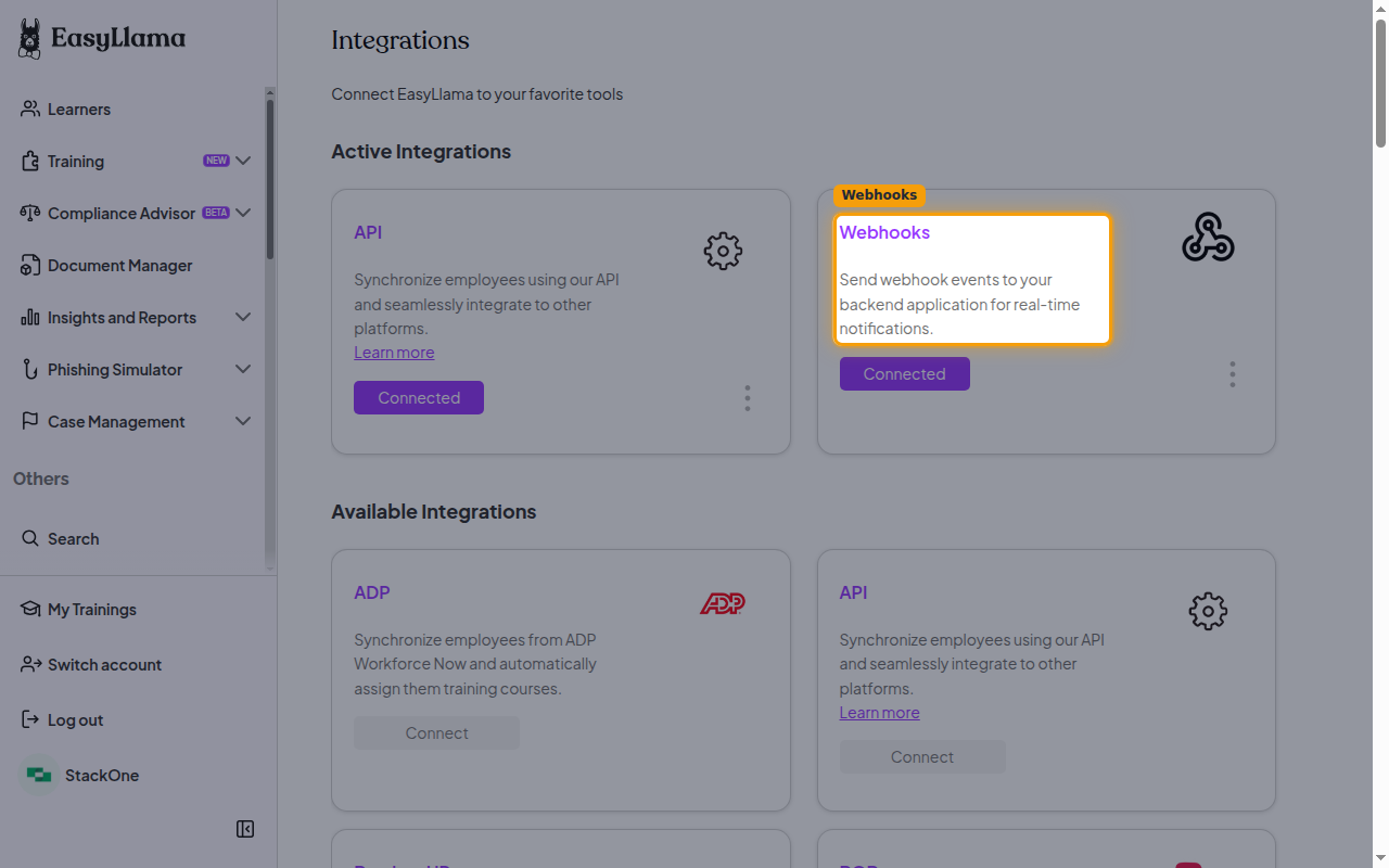 The Integrations page with the Webhooks tile under Active Integrations.