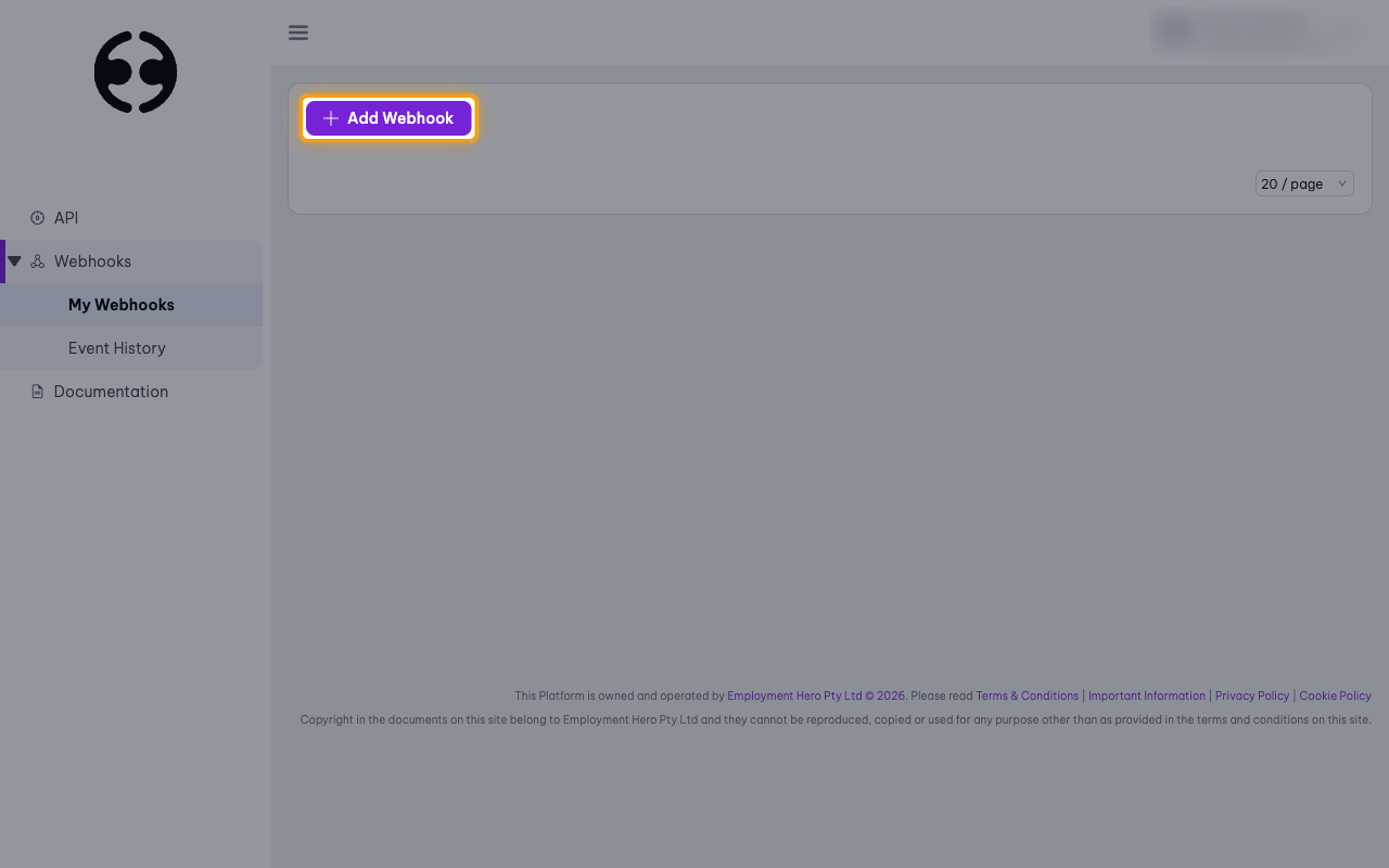 The My Webhooks page with the Add Webhook button highlighted