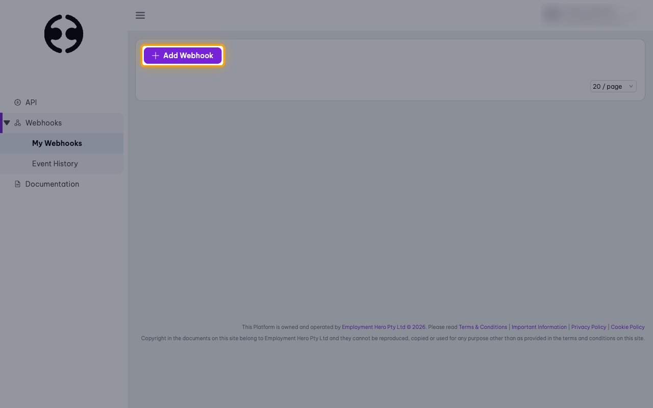 The My Webhooks page with the Add Webhook button highlighted