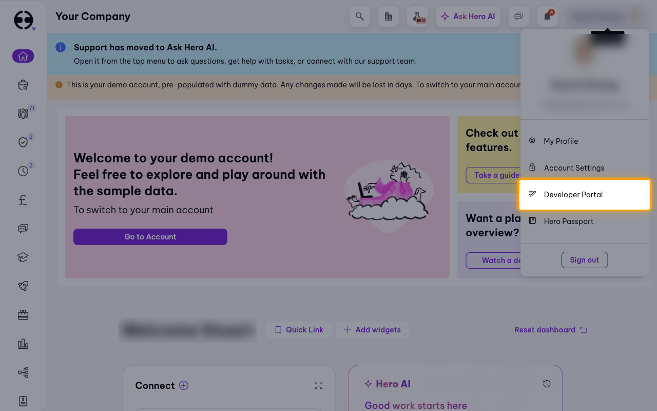 The profile menu open with the Developer Portal item highlighted
