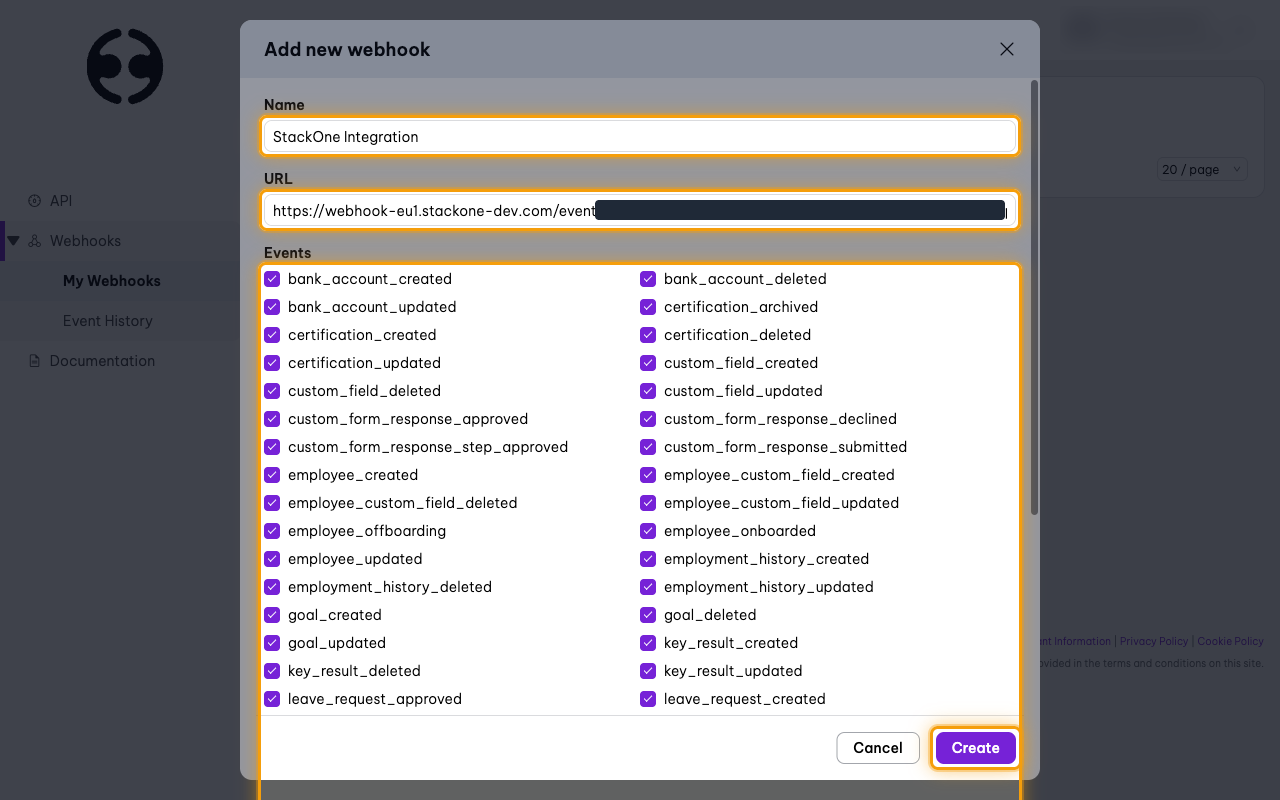 The Add new webhook dialog with all events ticked and the Create button highlighted