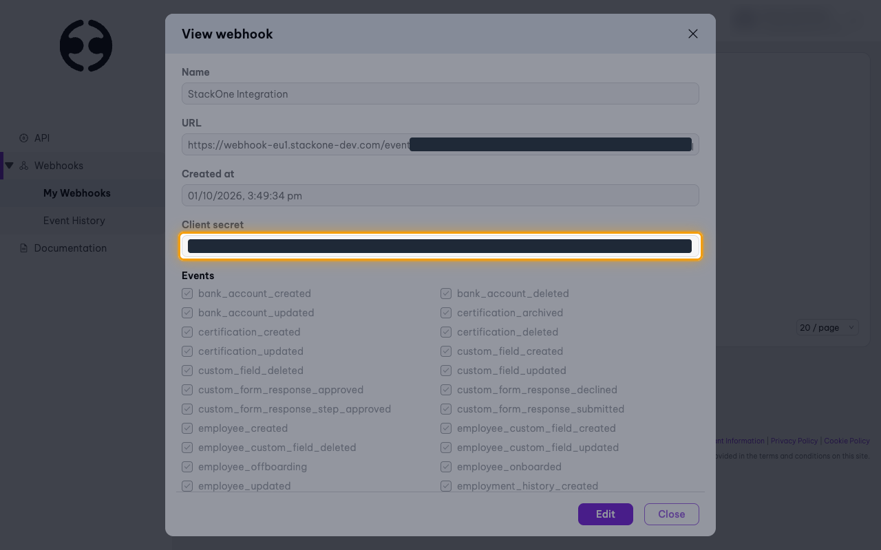 The View webhook dialog with the Client secret field highlighted and its value hidden