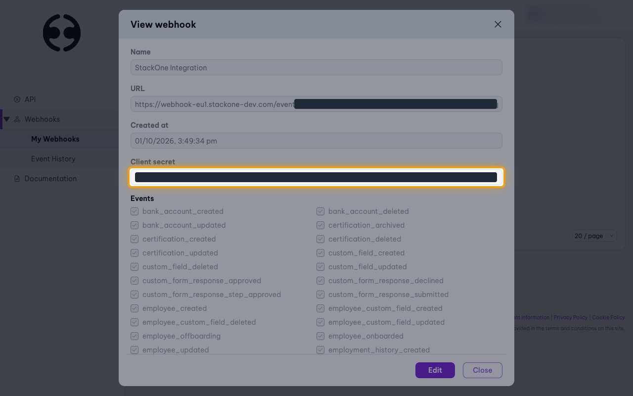 The View webhook dialog with the Client secret field highlighted and its value hidden