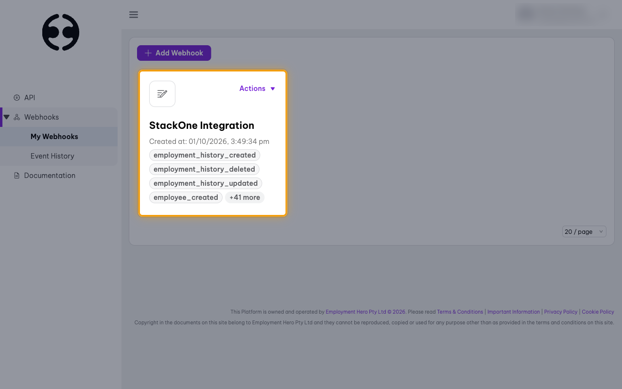 The My Webhooks page with the StackOne Integration webhook card highlighted