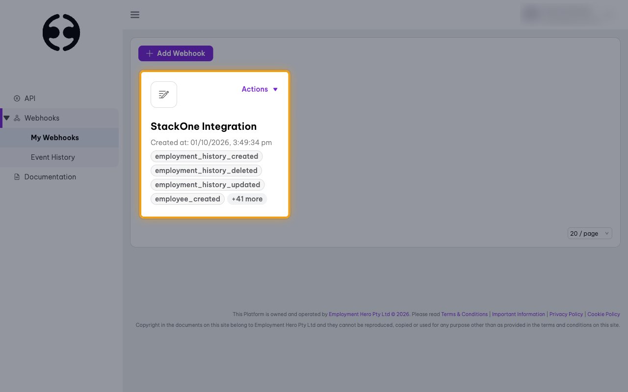 The My Webhooks page with the StackOne Integration webhook card highlighted
