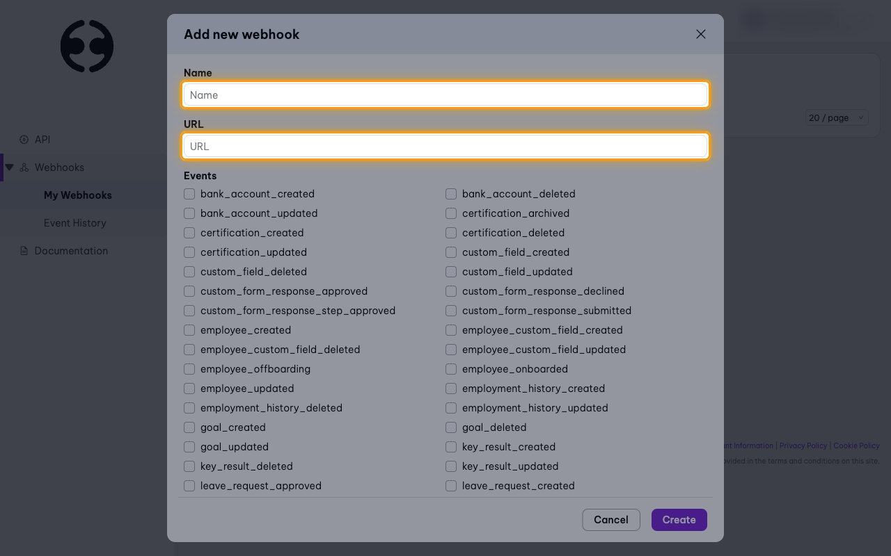 The Add new webhook dialog with the Name and URL fields highlighted