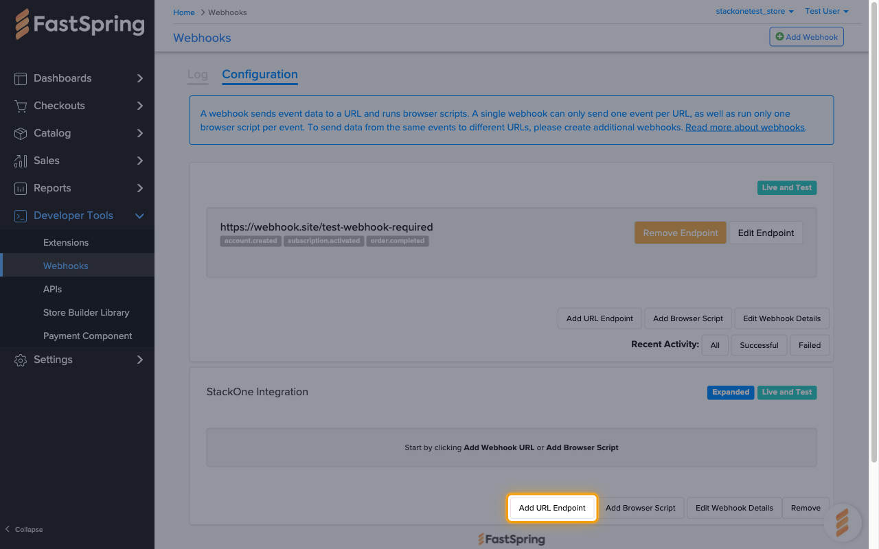 The new StackOne Integration webhook with its Add URL Endpoint button highlighted