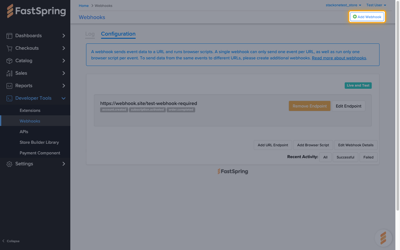 The Configuration tab with the Add Webhook button highlighted