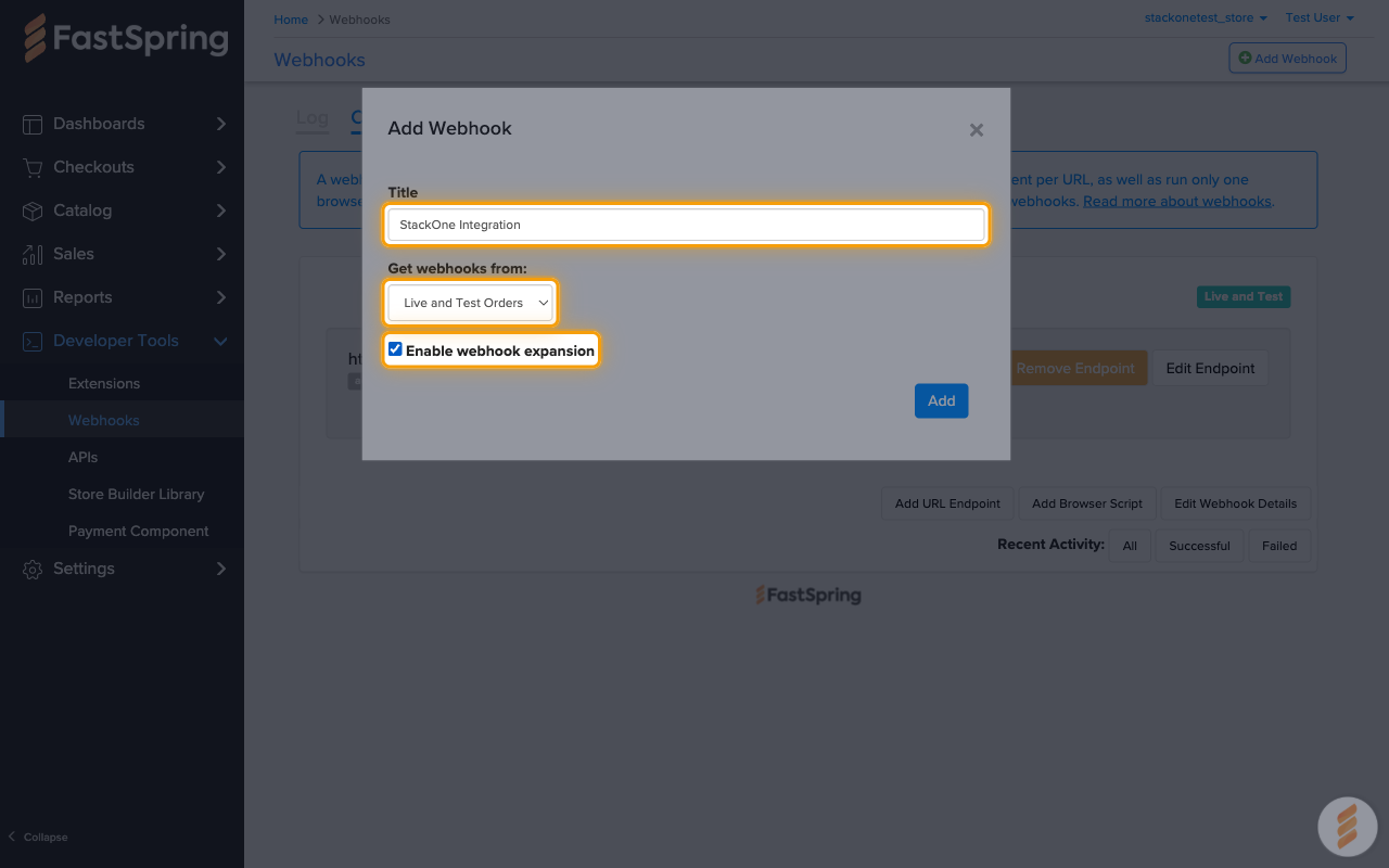 The Add Webhook dialog with the Title, Get webhooks from and Enable webhook expansion fields highlighted