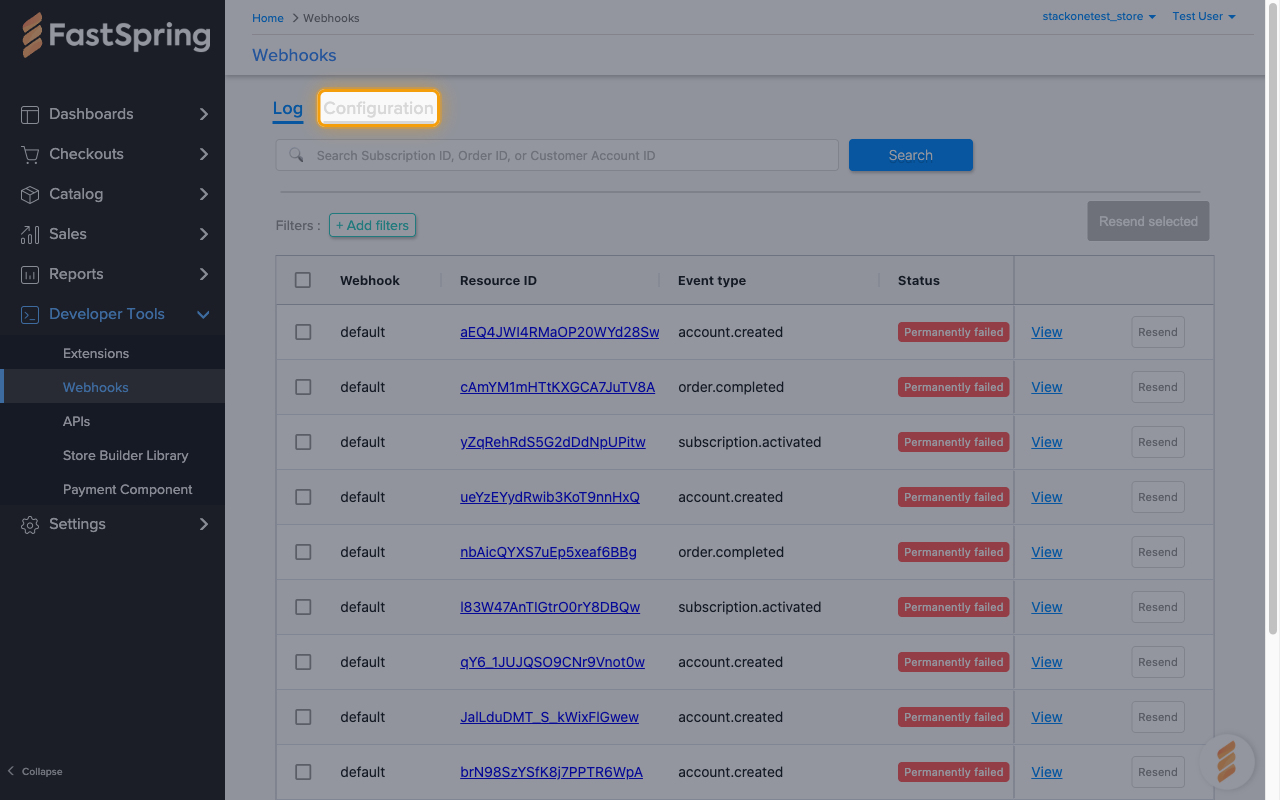 The Webhooks page with the Configuration tab highlighted