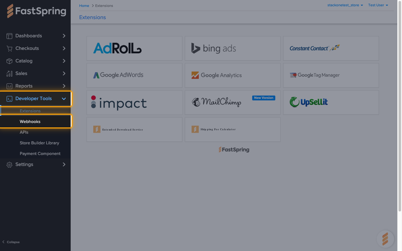 The FastSpring sidebar with Developer Tools expanded and Webhooks highlighted