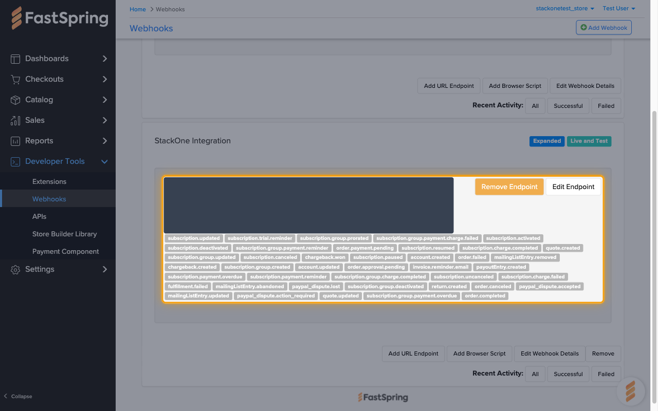 The saved URL endpoint on the StackOne Integration webhook with its event tags, the URL hidden