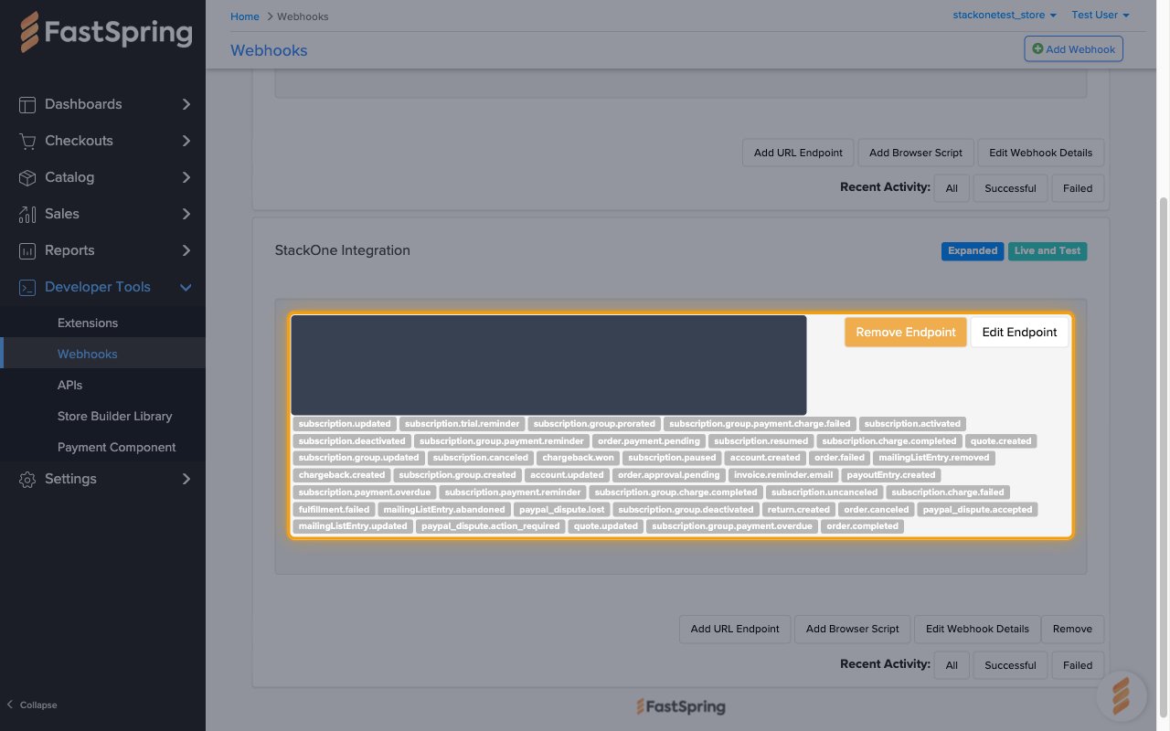 The saved URL endpoint on the StackOne Integration webhook with its event tags, the URL hidden