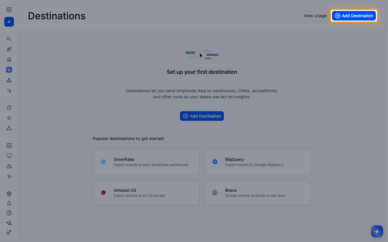 Amplitude Destinations page with the Add Destination button highlighted