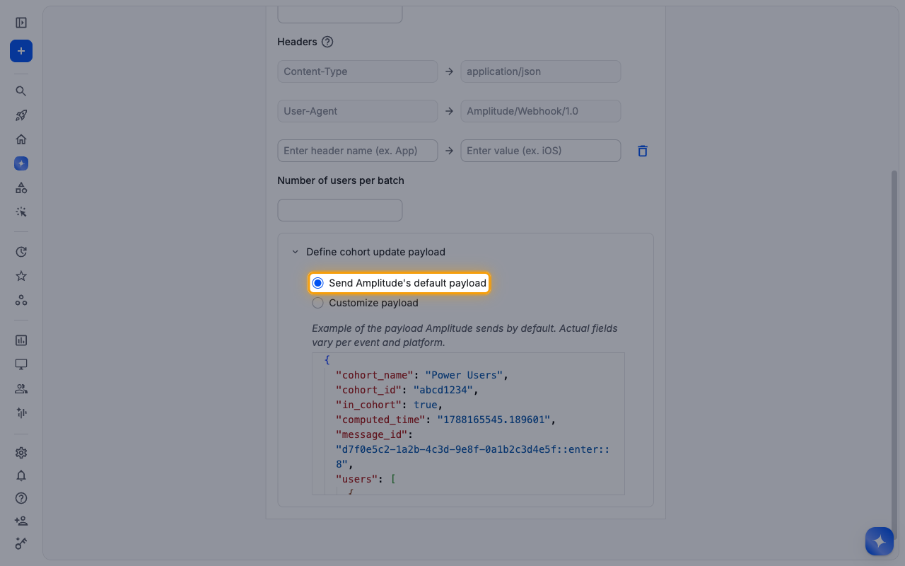 Define cohort update payload section with Send Amplitude's default payload highlighted