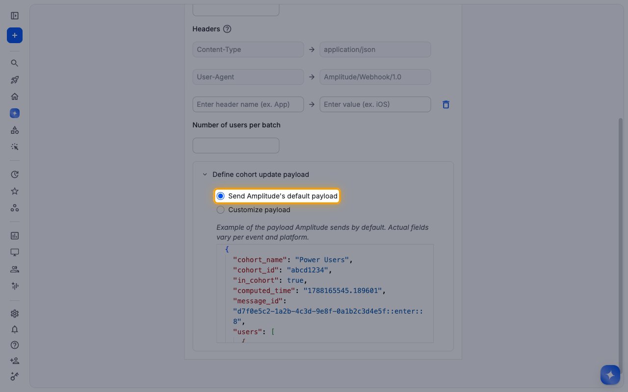 Define cohort update payload section with Send Amplitude's default payload highlighted