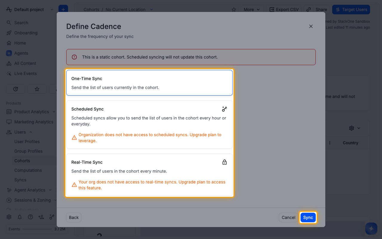Define Cadence dialog with One-Time Sync and the Sync button highlighted