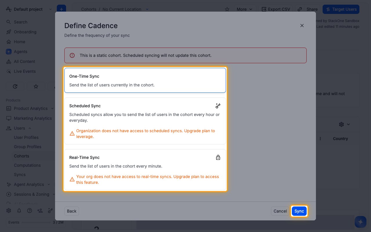 Define Cadence dialog with One-Time Sync and the Sync button highlighted