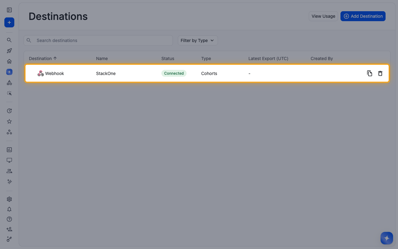 Destinations table showing the StackOne webhook destination as Connected