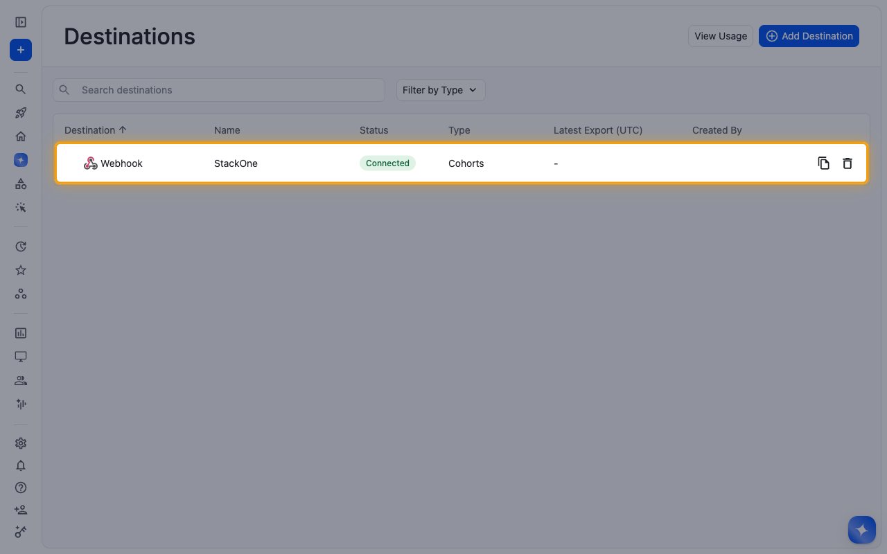 Destinations table showing the StackOne webhook destination as Connected