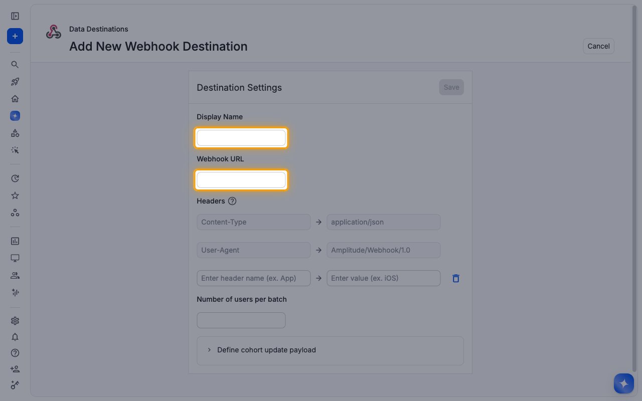 Add New Webhook Destination form with Display Name and Webhook URL highlighted