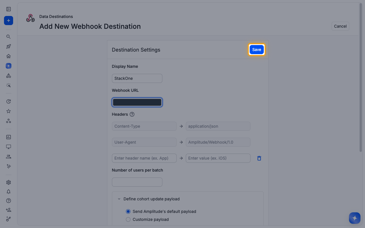 Destination Settings with the Save button highlighted and the Webhook URL hidden