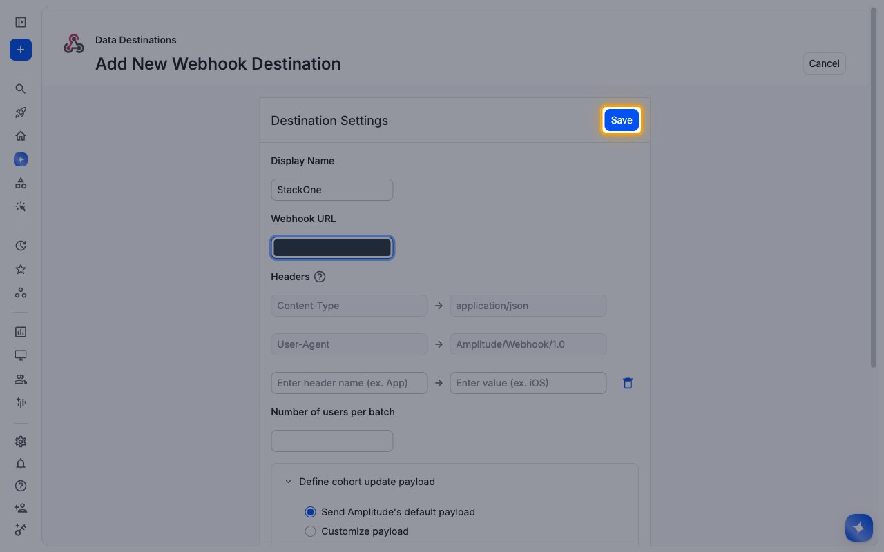 Destination Settings with the Save button highlighted and the Webhook URL hidden