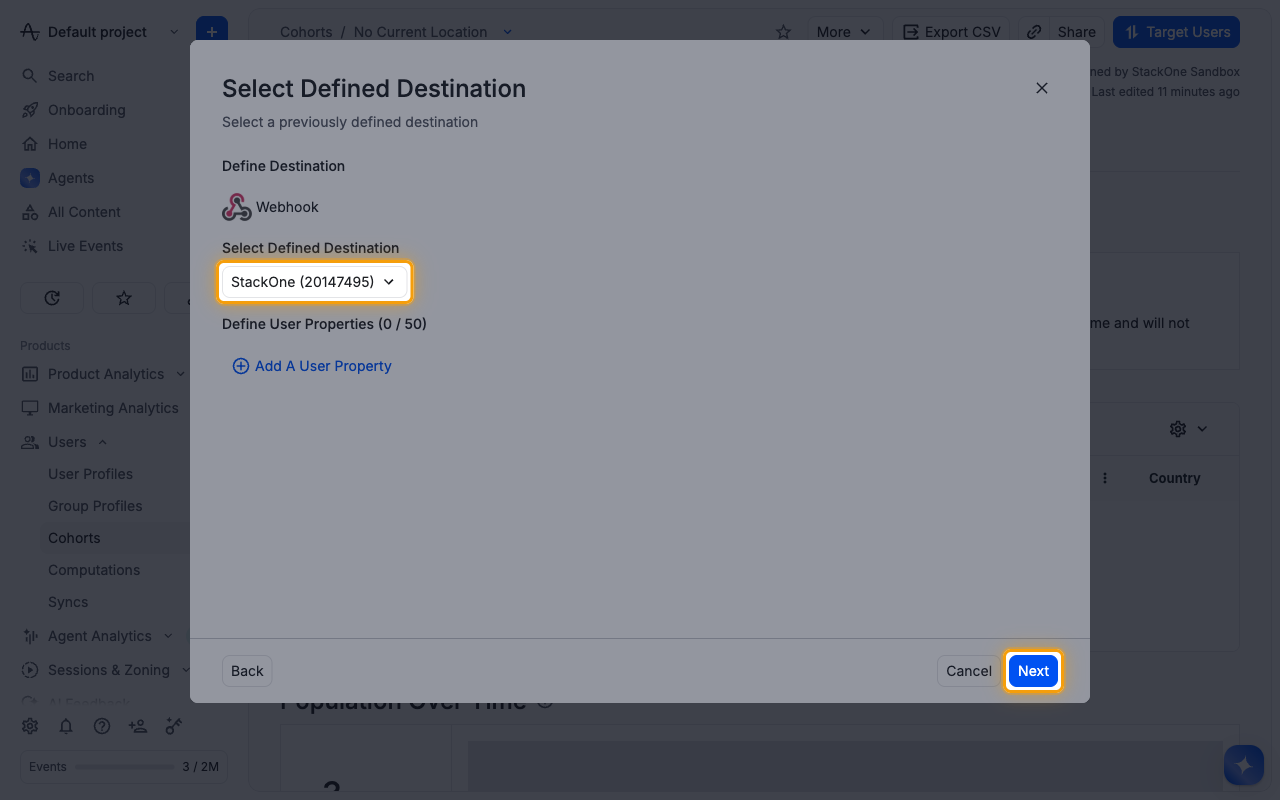 Select Defined Destination dialog with the StackOne destination and Next highlighted