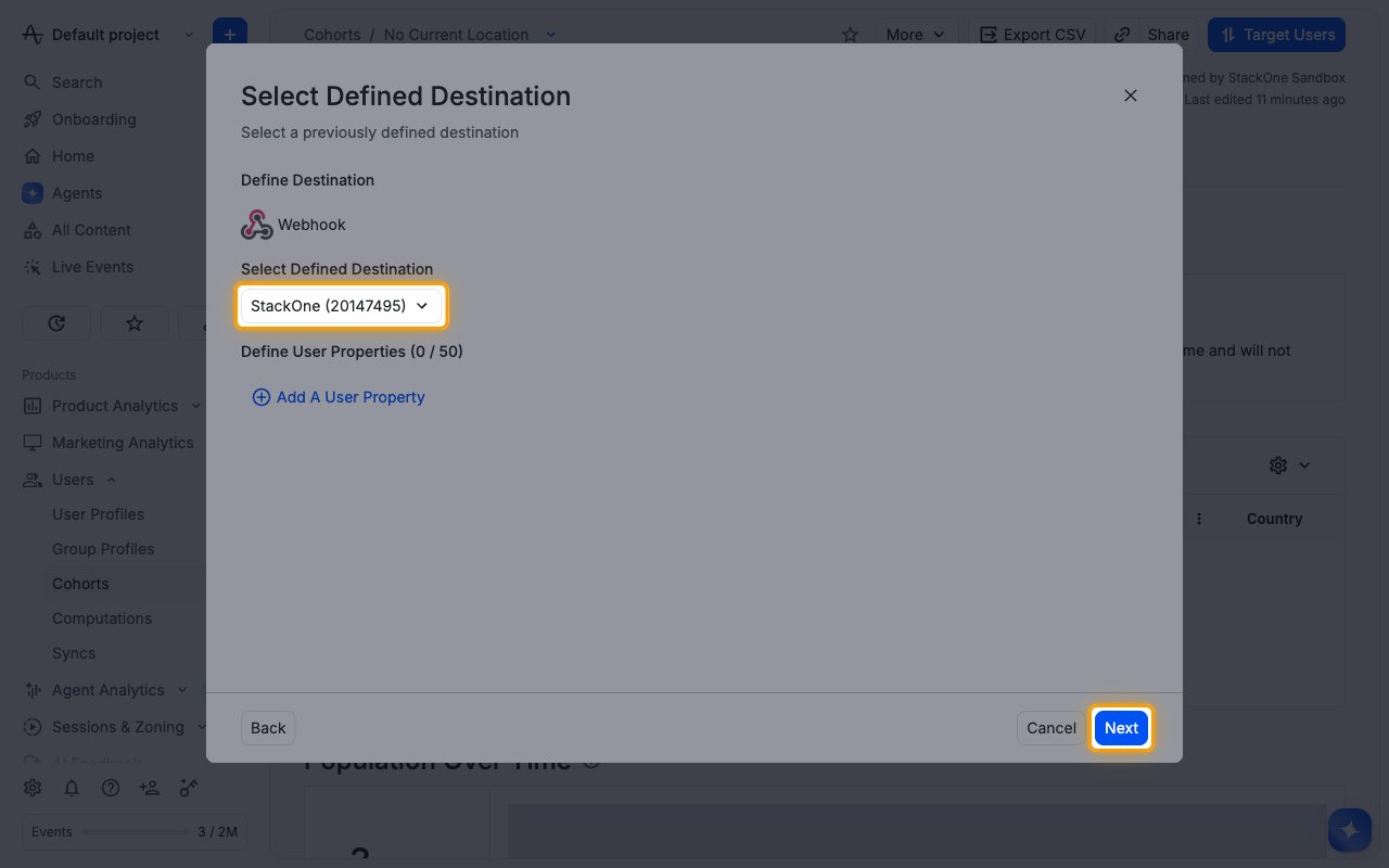 Select Defined Destination dialog with the StackOne destination and Next highlighted