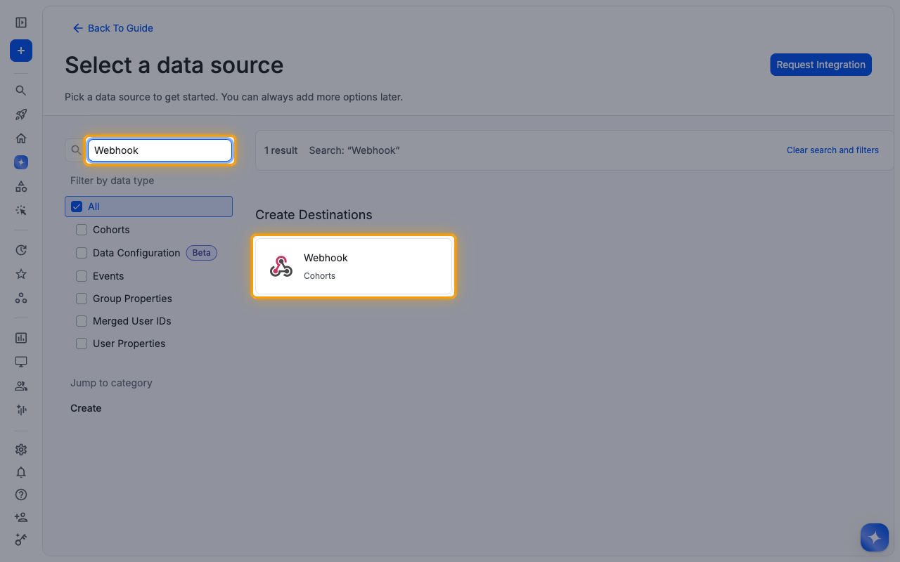 Destination catalog search for Webhook with the Webhook Cohorts card highlighted
