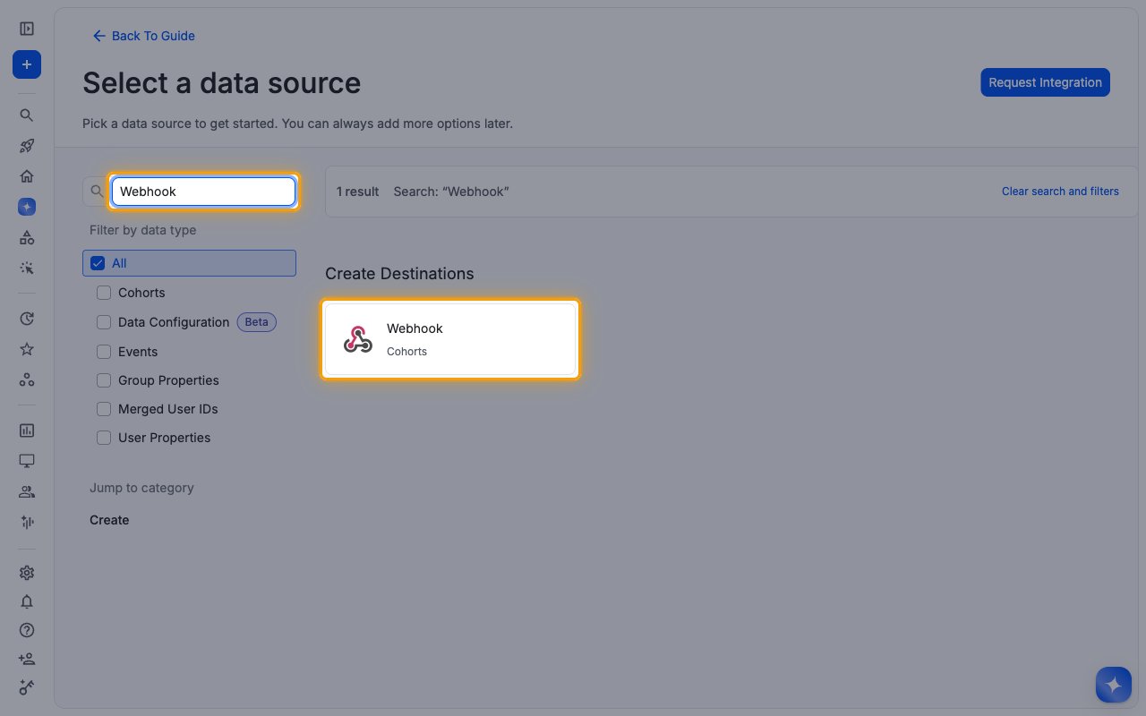 Destination catalog search for Webhook with the Webhook Cohorts card highlighted